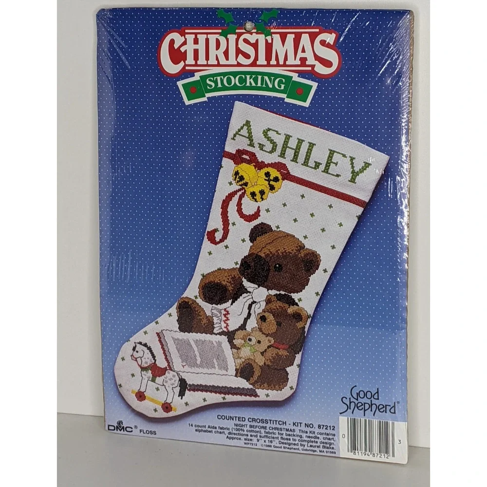 VTG Night Before Christmas Teddy Bear Cross Stitch Stocking Good Shepherd #87212